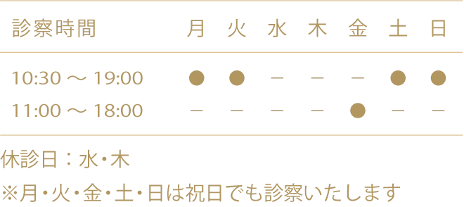 リアルクリニックの診療時間：月・火・土・日曜日は10:30~19:00、金曜日は11:00~18：00、休診日は水・木曜日